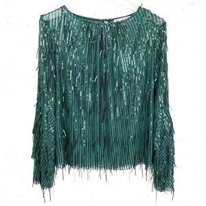 Anthropologie Eva Franco Sequin Fringe Acadia Top Glitter Pine Green Size Small